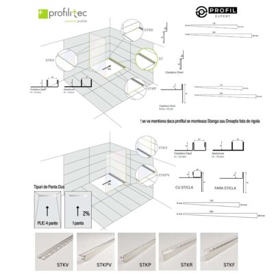 Profil frontal placare dus Showertec STKF Profilitec | inox periat sau negru periat, pentru gresie de 8-12,5 mm – bara 1,35 m