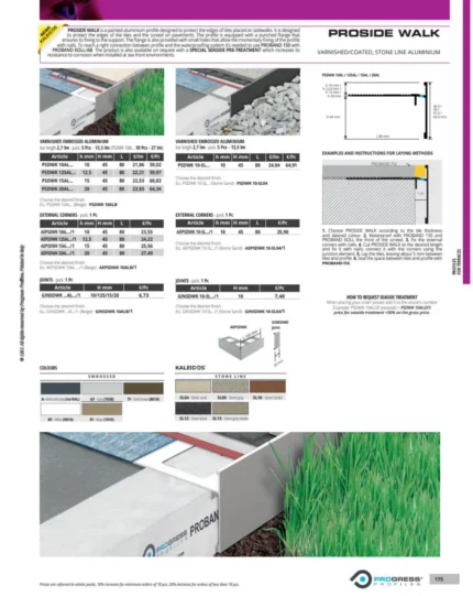 Profil de bordura pentru terase si alei pavate Proside Walk Progress Profiles | inchide marginea gresiei la nivel cu gazonul – aluminiu vopsit, h 10–20 mm, 10 culori, bara 2,7 m