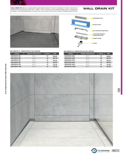 Rigola de dus ascunsa Wall Drain Kit Progress Profiles | scurgere ascunsa in perete cu grila placabila inox 316L, kit complet cu sifon reglabil – 30–90 cm