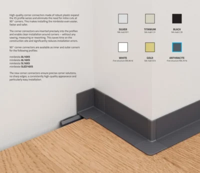 Miniplinta profil minimalist Minileiste AL10X5 | terminatie discreta pardoseala-perete, acopera rosturi de 6-8 mm, orice pardoseala de la 6 mm, aluminiu in 6 finisaje – bara 2 m