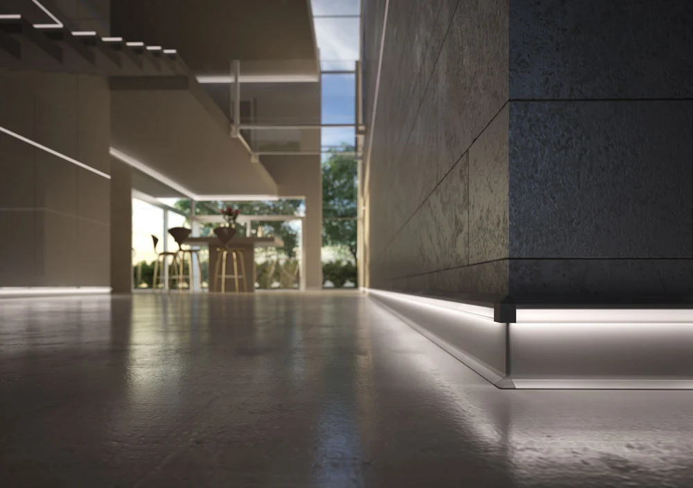 Plinta cu banda LED integrata Proskirting Giled Progress Profiles | lumina difuza reflectata la baza peretelui, aluminiu H 80/100 mm – bara 2 m Plinta cu banda LED integrata Proskirting Giled Progress Profiles | lumina difuza reflectata la baza peretelui, aluminiu H 80/100 mm – bara 2 m