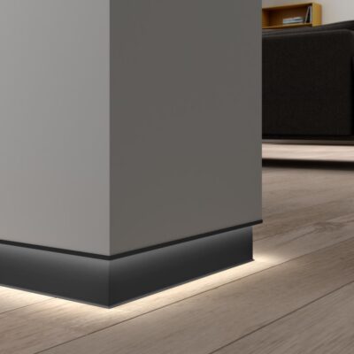Plinta LED neagra pentru gips-carton PLANO PS Profilitec | rost de umbra la baza peretelui, H 70 / 100 mm, placa 13 / 15 mm, negru mat A54 &ndash; bara 2,7 m