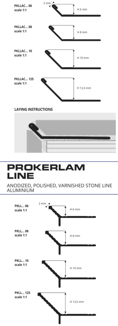 Profil colt exterior placi ceramice subtiri taiate la 45 grade Prokerlam Line Progress Profiles | inox lucios sau periat AISI 304, aluminiu anodizat, cromat si color Stone Line | H 4,5&ndash;12,5 mm, bara 2,7 m