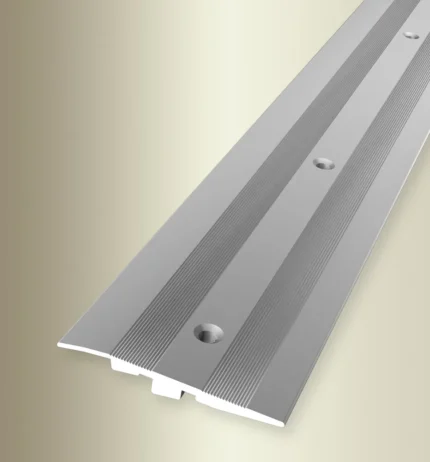 Angle view of a silver metal track with three ridged channels and screw holes for mounting (construction profile).
