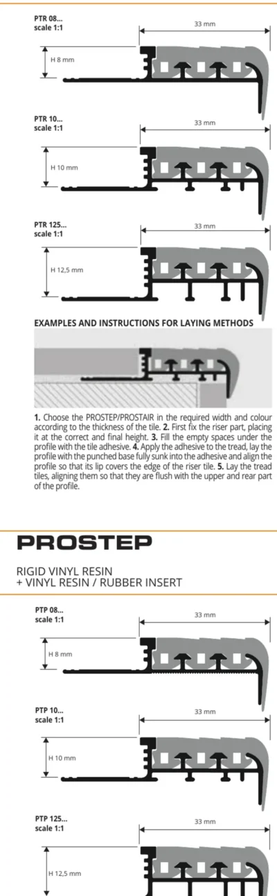 Profil treapta gresie complet Prostep Progress Profiles | aluminiu cu insert PVC antiderapant | bara 2,7 m