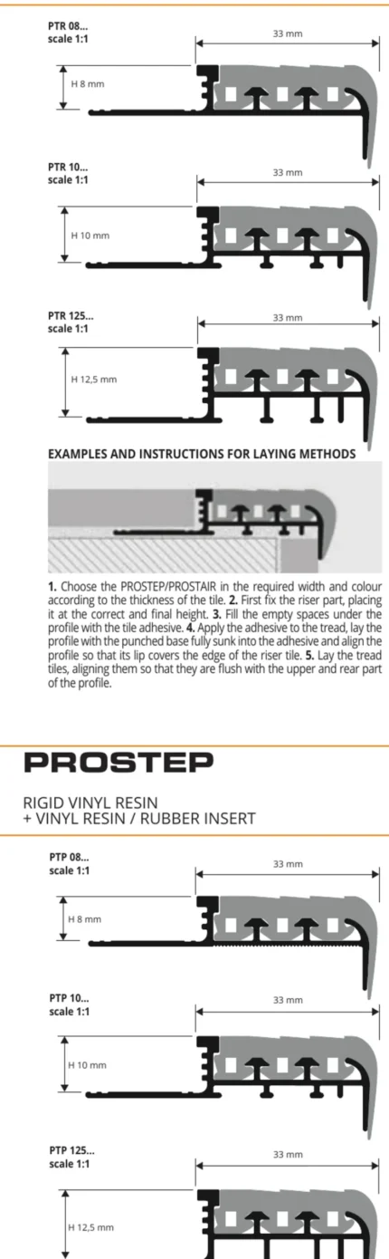 Profil treapta antiderapant Prostair Progress Profiles | baza din aluminiu natural + insert din cauciuc interschimbabil, H 8 / 10 / 12,5 mm – gri, negru, bej, ivoriu, bara 2,7 m