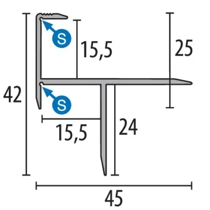 Profil treapta Küberit 206 | nas de treapta 42 x 42 mm pentru mocheta – bare 1 / 3 m