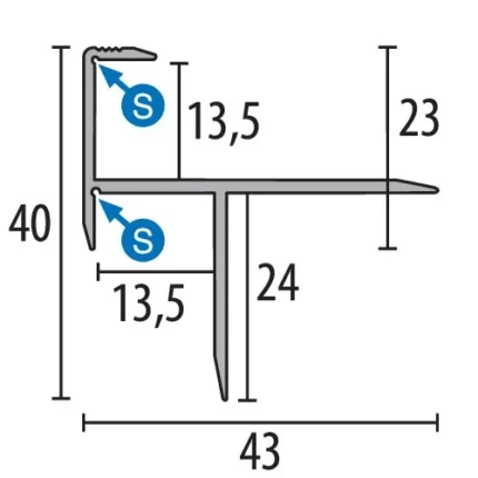 Profil treapta Küberit 207 | nas de treapta 40 x 40 mm pentru mocheta – bare 1 / 3 m