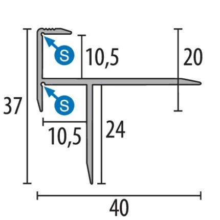 Profil treapta Küberit 208 | nas de treapta 37 x 37 mm pentru mocheta – bare 1 / 3 m
