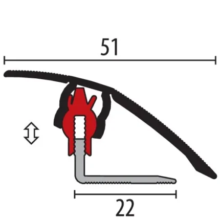 Profil de trecere cu clip Kuberit 786 FCS | trecere lata 51 mm pentru pardoseli de 7-18 mm, si decor lemn – bare 0,9 / 2,7 m