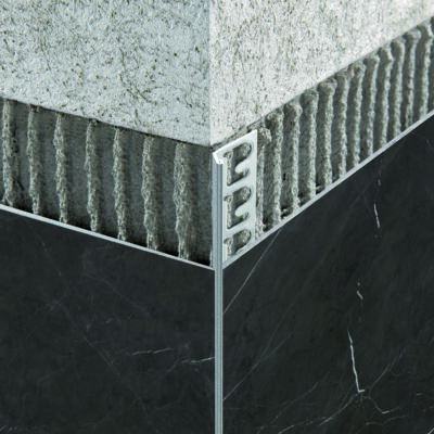 Profil colt exterior placi ceramice subtiri taiate la 45 grade Prokerlam Line Progress Profiles | inox lucios sau periat AISI 304, aluminiu anodizat, cromat si color Stone Line | H 4,5&ndash;12,5 mm, bara 2,7 m