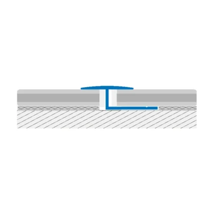 Cross-section of a multi-layer seal with a blue gasket forming a U-shaped profile between gray layers and a mesh below.