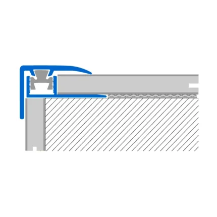 Cross‑section of a window weatherstripping seal showing a blue frame pressing a grey gasket against a sash to seal a gap.