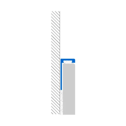 Blue L-shaped towel rack mounted on a striped wall, holding a folded towel near a gray pillar.