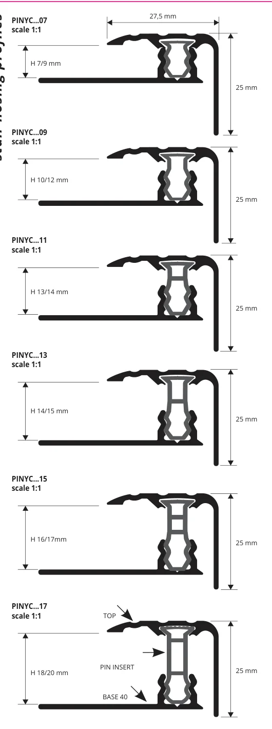 Profil treapta parchet si LVT Style Stair Progress Profiles | aluminiu decor lemn, insert PIN optional schita stylestair desene cotate - Profil treapta parchet si LVT Style Stair Progress Profiles | aluminiu decor lemn, insert PIN optional
