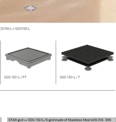 Scurgere patrata dus Square Drain SD Profilitec | inox AISI 316, H 5,6 cm, gratare Plano / Star / Tile placabil pentru gresie 6-20 mm
