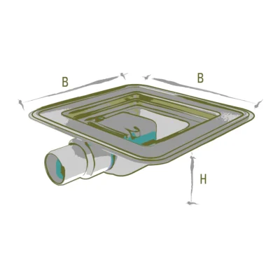 Scurgere patrata dus Square Drain SD Profilitec | inox AISI 316, H 5,6 cm, gratare Plano / Star / Tile placabil pentru gresie 6-20 mm