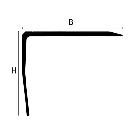 Diagram of an L-shaped tool with a long straight top edge, serrated section near the left, and a curved vertical leg; shows width B and height H.