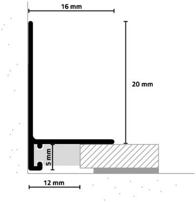 Miniplinta minimalista aluminiu Minileiste SL16X5 | plinta cu fata 20 mm, montaj clic demontabil, rosturi 6-13 mm, orice pardoseala de la 6 mm, 6 finisaje – bara 2 m