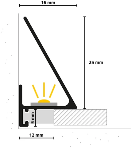 Miniplinta LED minimalista Minileiste SLED16X5 | linie de lumina continua deasupra plintei, montaj clic demontabil, rosturi 6-13 mm, orice pardoseala de la 6 mm – bara 2 m
