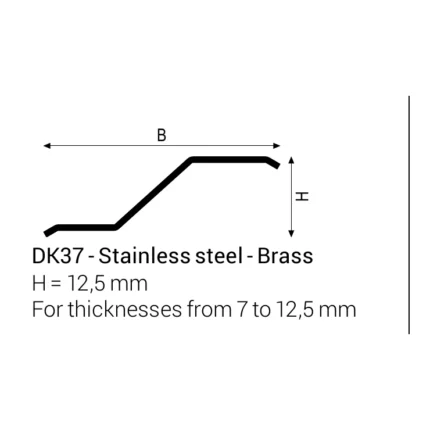 Technical diagram of a DK37 stainless steel–brass profile with a stepped bend, showing overall length B and height H; H = 12.5 mm for thicknesses 7–12.5 mm