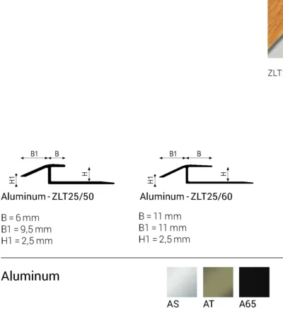 Profil trecere LVT SPC cu denivelare Zerotec ZLT25 Profilitec | 2,5 spre 5-6 mm, vizibil 6-11 mm, talpa perforata – bara 2,7 m